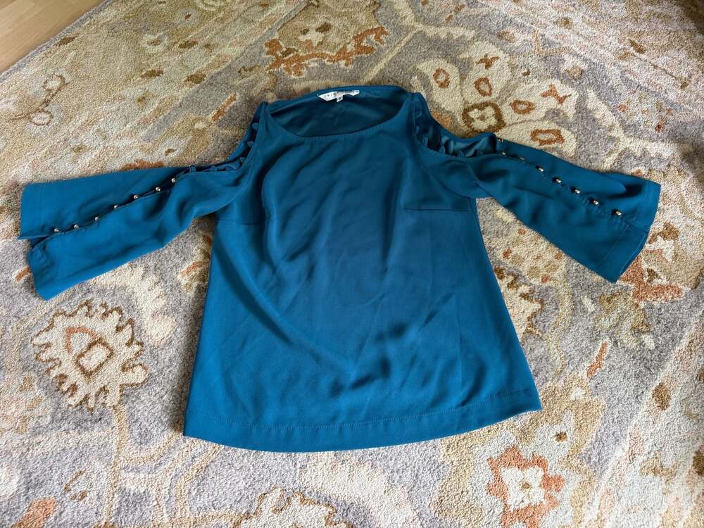 Trina Turk Women's Size S Teal Cold Shoulder Button Detail Blouse